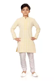 Boy's Yellow Embroidered Georgette Kurta Churidar