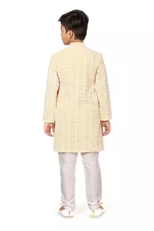 Boy's Yellow Embroidered Georgette Kurta Churidar
