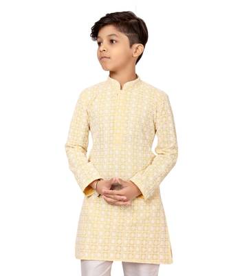 Boy's Yellow Embroidered Georgette Kurta Churidar 6