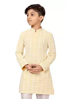 Boy's Yellow Embroidered Georgette Kurta Churidar