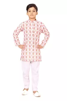 Boy's Off White Cotton Printed Kurta Churidar