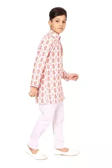 Boy's Off White Cotton Printed Kurta Churidar
