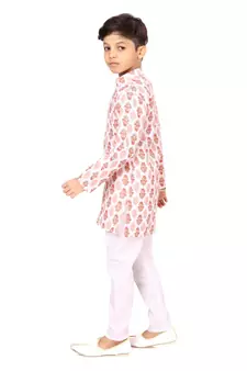 Boy's Off White Cotton Printed Kurta Churidar