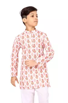 Boy's Off White Cotton Printed Kurta Churidar