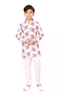 Boy's Off White Cotton Printed Kurta Churidar
