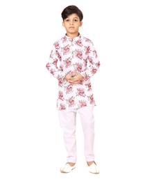 Boy's Off White Cotton Printed Kurta Churidar