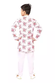 Boy's Off White Cotton Printed Kurta Churidar