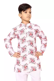 Boy's Off White Cotton Printed Kurta Churidar