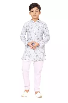 Boy's Off White Cotton Printed Kurta Churidar