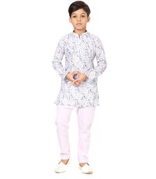 Boy's Off White Cotton Printed Kurta Churidar