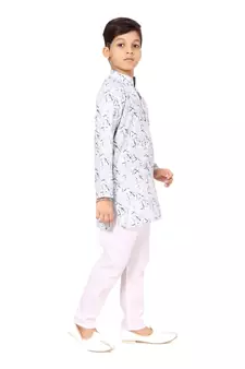 Boy's Off White Cotton Printed Kurta Churidar