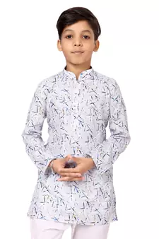 Boy's Off White Cotton Printed Kurta Churidar