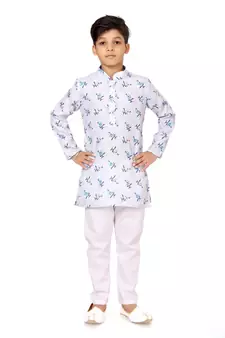Boy's Off White Cotton Printed Kurta Churidar