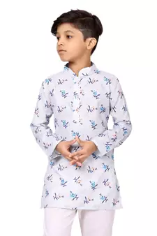 Boy's Off White Cotton Printed Kurta Churidar