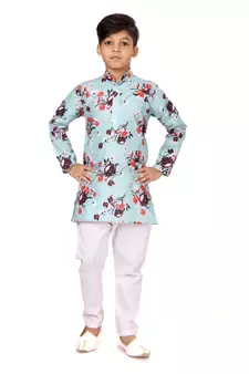 Boy's Sky Blue Cotton Printed Kurta Churidar