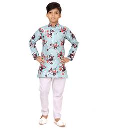 Boy's Sky Blue Cotton Printed Kurta Churidar