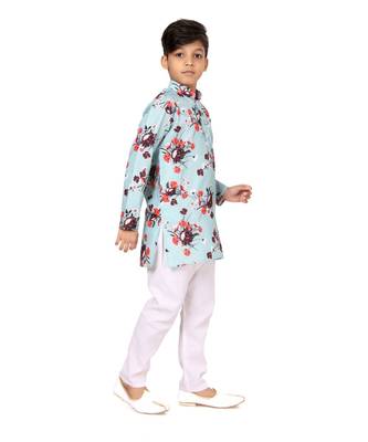 Boy's Sky Blue Cotton Printed Kurta Churidar 3