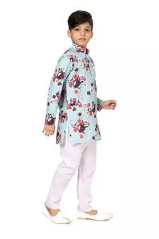 Boy's Sky Blue Cotton Printed Kurta Churidar