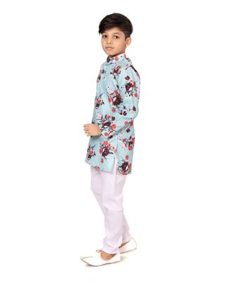 Boy's Sky Blue Cotton Printed Kurta Churidar 4