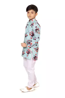 Boy's Sky Blue Cotton Printed Kurta Churidar