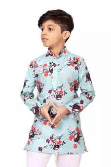 Boy's Sky Blue Cotton Printed Kurta Churidar