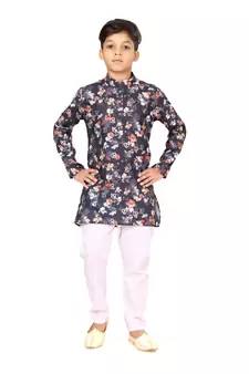 Boy's Black Cotton Printed Kurta Churidar