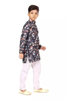 Boy's Black Cotton Printed Kurta Churidar