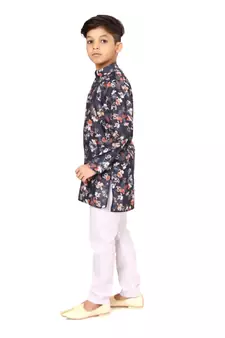 Boy's Black Cotton Printed Kurta Churidar