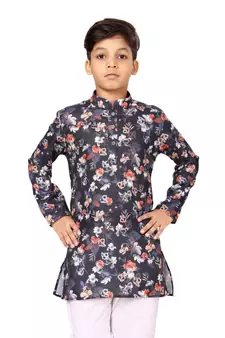 Boy's Black Cotton Printed Kurta Churidar