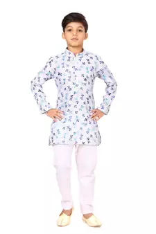 Boy's Off White Cotton Printed Kurta Churidar