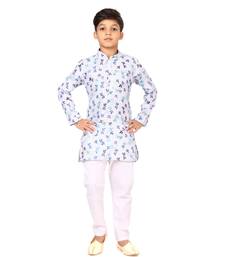 Boy's Off White Cotton Printed Kurta Churidar