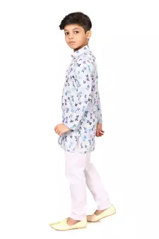 Boy's Off White Cotton Printed Kurta Churidar