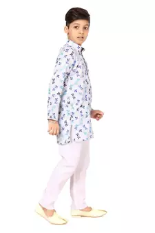 Boy's Off White Cotton Printed Kurta Churidar