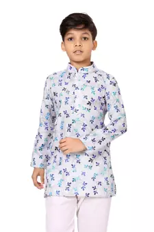 Boy's Off White Cotton Printed Kurta Churidar