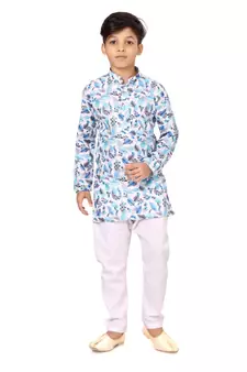 Boy's Off White Cotton Printed Kurta Churidar