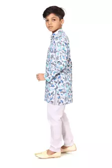 Boy's Off White Cotton Printed Kurta Churidar