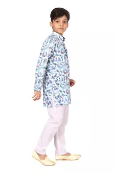 Boy's Off White Cotton Printed Kurta Churidar