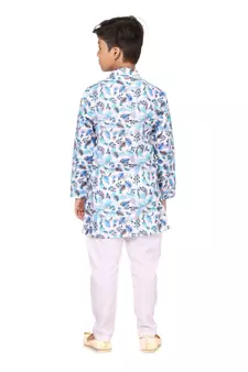 Boy's Off White Cotton Printed Kurta Churidar