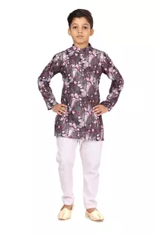 Boy's Brown Cotton Printed Kurta Churidar