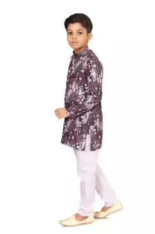 Boy's Brown Cotton Printed Kurta Churidar