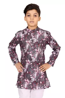 Boy's Brown Cotton Printed Kurta Churidar