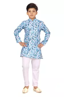 Boy's Off White Cotton Printed Kurta Churidar