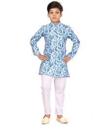 Boy's Off White Cotton Printed Kurta Churidar