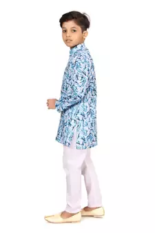 Boy's Off White Cotton Printed Kurta Churidar