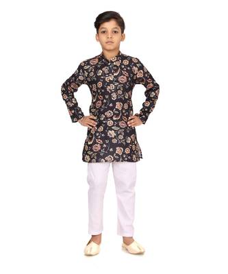 Boy's Black Cotton Printed Kurta Churidar 2