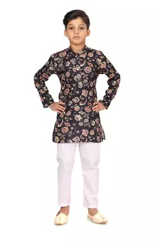 Boy's Black Cotton Printed Kurta Churidar