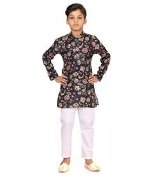 Boy's Black Cotton Printed Kurta Churidar