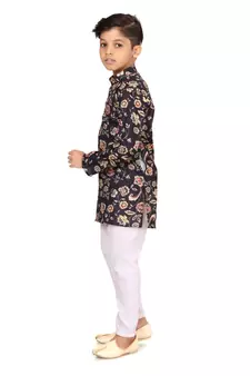 Boy's Black Cotton Printed Kurta Churidar