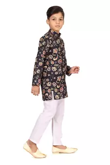 Boy's Black Cotton Printed Kurta Churidar