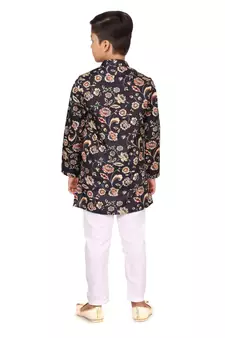 Boy's Black Cotton Printed Kurta Churidar